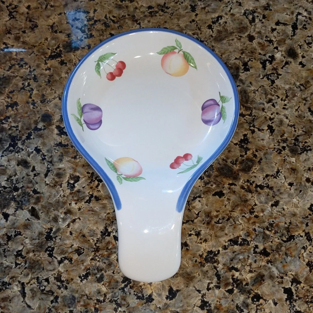 Vintage Pfaltzgraff Hopscotch Fruit Spoon Rest Glossy Ceramic Blue White Tidbit